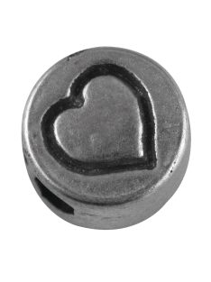   Fémgyöngy, szív, nikkelmentes, ezüst, átm. 7 mm, lyuk 2 mm