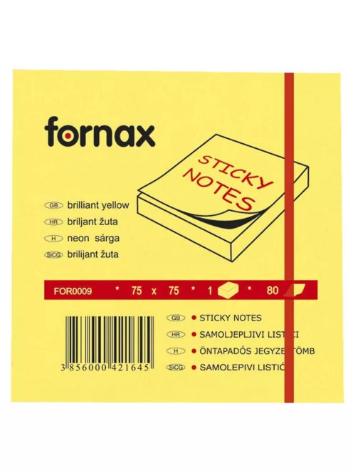 Jegyzettömb öntapadó, 75x75mm, 80lap, Fornax neon sárga