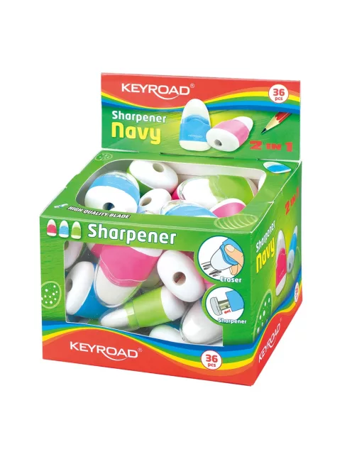 Hegyező 1 lyukú tartályos, radírral 36 db/display Keyroad Navy vegyes színek