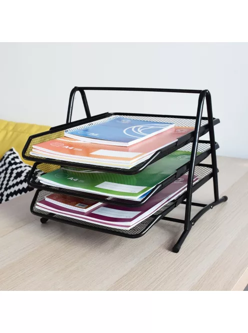 Fémhálós irattálca 3 szintes Bluering® fekete