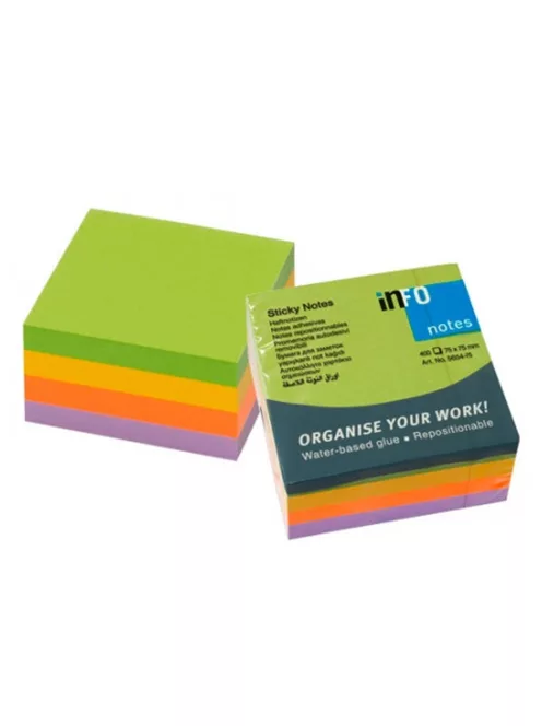 Jegyzettömb öntapadó, 75x75mm, 6x100lap, Info Notes, spring, zöld, arany, narancs, lila