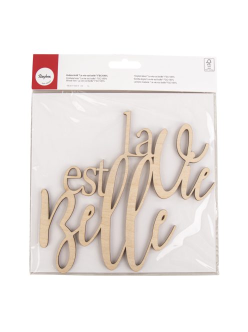 Felirat fából "La vie est belle", natúr, 18,2x17,5x0,4cm, 1 db
