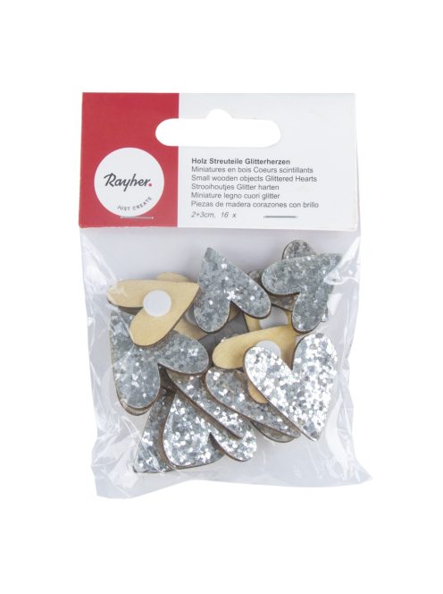 Famatrica Glitterszívek, ezüst, sort. 2+3cm, 16 db