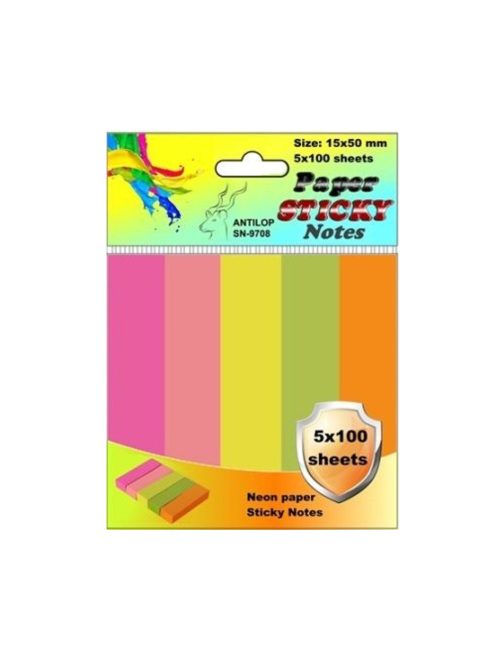Jelölőcímke 15x50mm, 5x100lap papír, neon színek Antilop