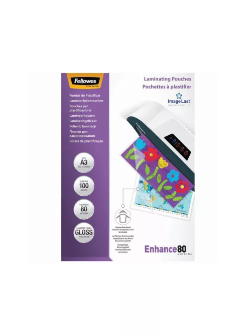 Lamináló fólia, A3, 80 mikron, fényes, 100 db/doboz, Fellowes®
