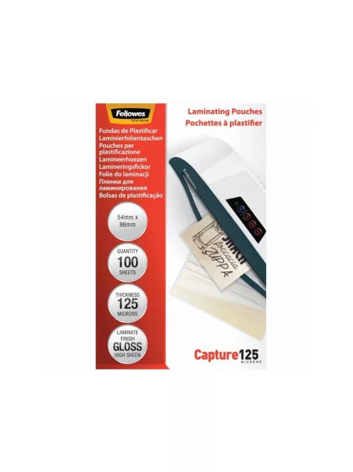 Lamináló fólia, 54x86mm, 125 mikron, fényes, 100 db/doboz, Fellowes®