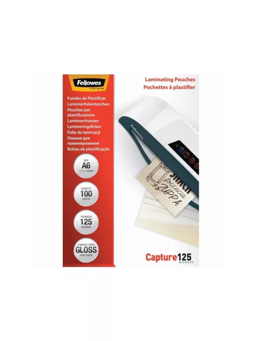 Lamináló fólia, A6, 125 mikron, fényes, 100 db/doboz, Fellowes®