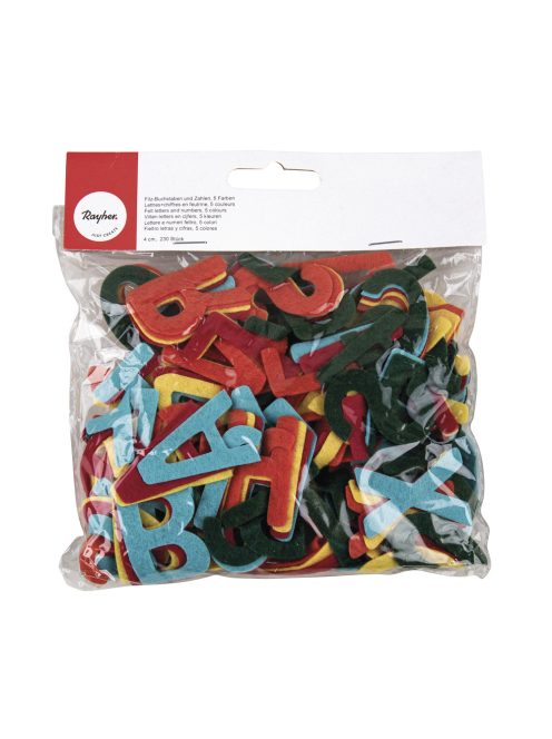 Filcbetűk és számok, 5 szín vegyesen, 4 cm, kb. 230 db