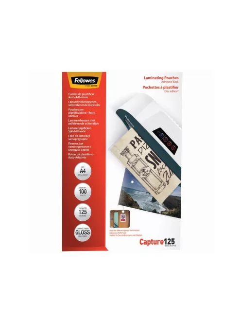 Lamináló fólia, A4, 125 mikron, fényes, öntapadó hátlappal, 100 db/doboz, Fellowes®