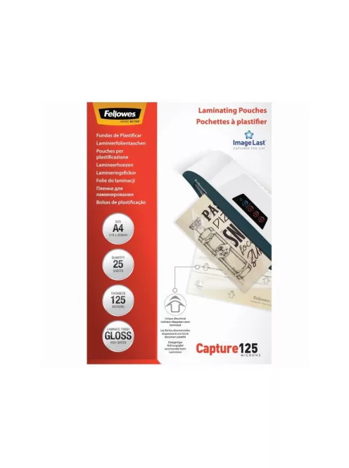 Lamináló fólia, A4, 125 mikron, fényes, 25 db/doboz, Fellowes®