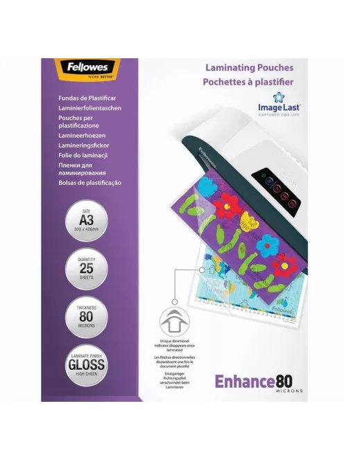 Lamináló fólia, A3, 80 mikron, fényes, 25 db/doboz, Fellowes®