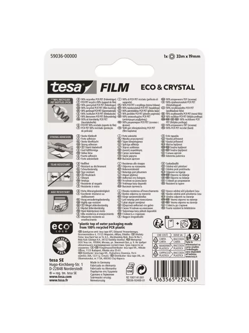 Ragasztószalag 19mmx33m irodai átlátszó újrahasznosított Tesa Eco & Crystal
