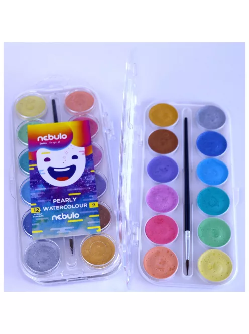 Vízfesték készlet, 12db-os, gyöngyház színű, 30mm festékgombokkal Nebulo
