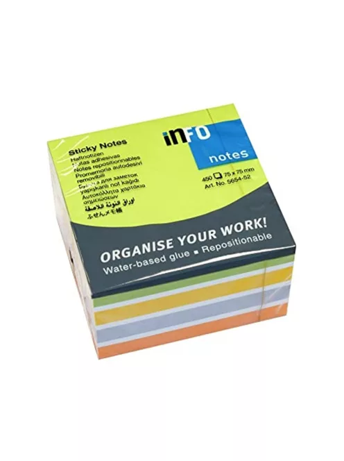 Jegyzettömb öntapadó, 75x75mm, 450lap, Info Notes intenzív zöld, sárga, lila, narancs