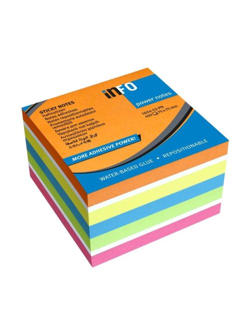 Jegyzettömb öntapadó, 75x75mm, 450lap, Info Notes intenzív narancs, sárga, kék, zöld, pink