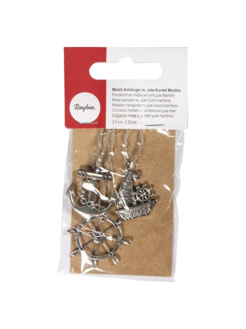 Fémfüggő jutazsinórral, tengeri mot. 3,5cm, 3 Designs, 3 db
