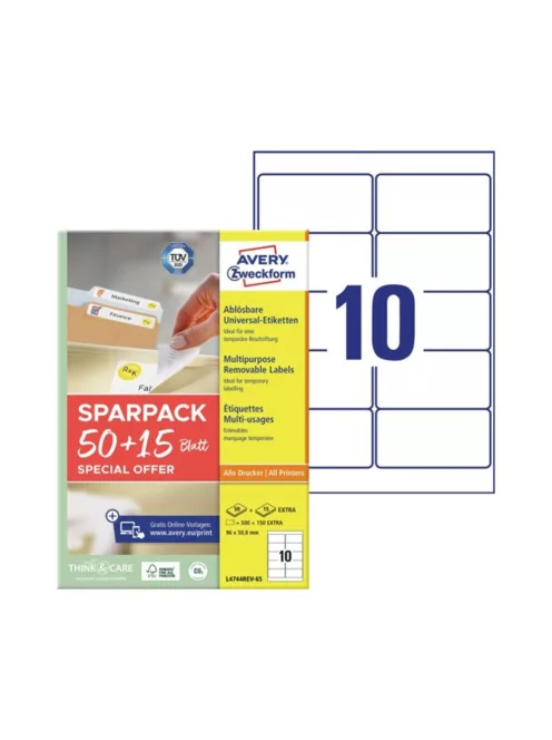 Etikett címke, 96x50,8 mm, univerzális, 65 lap, 10 címke/lap Avery, fehér