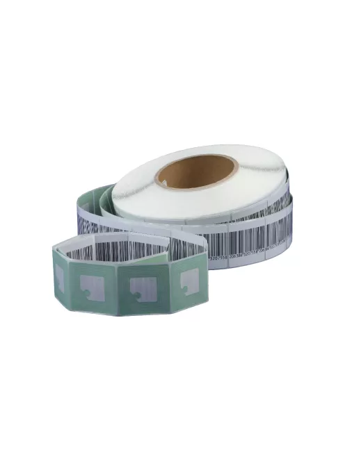 Etikett címke áruvédelmi (RF címke) álvonalkóddal 40x40mm, tekercses 1000 címke/tekercs