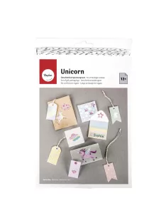   Egyszarvú-mintás készlet ajándékcsomagoláshoz (tagek, matricák, miniborítékok) 12 ív