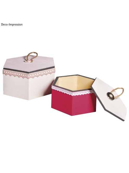 Készlet: hatszögletű fadoboz 16x14x8,3cm+12x10,6x6,5cm