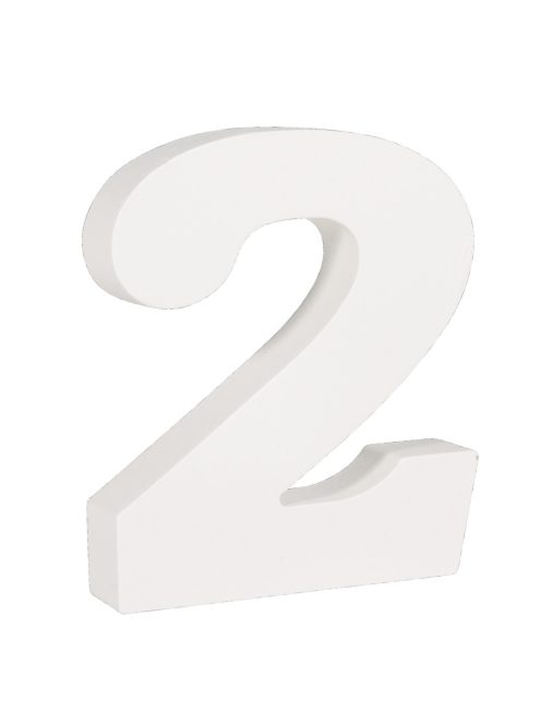 MDF szám "2", fehér, 11 cm, 2 cm vastag