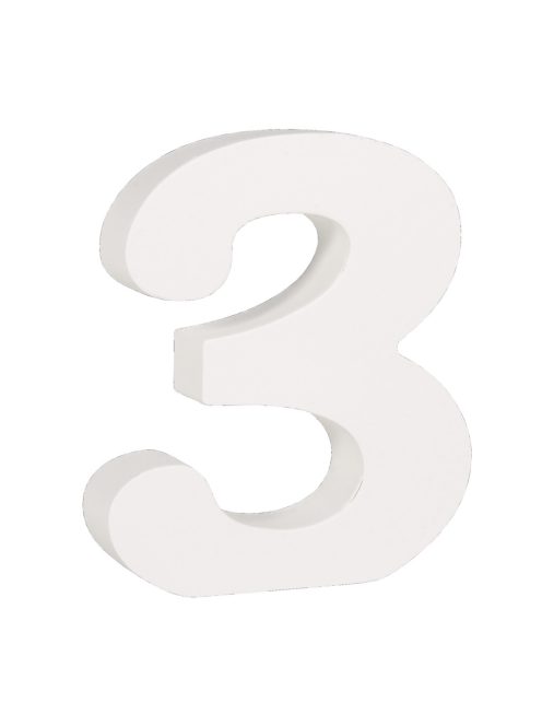 MDF szám "3", fehér, 11 cm, 2 cm vastag