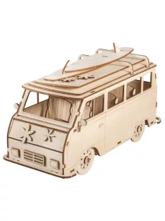   Fa építőkészlet, kempingbusz, natúr, 30x13x17cm, 77-darabos