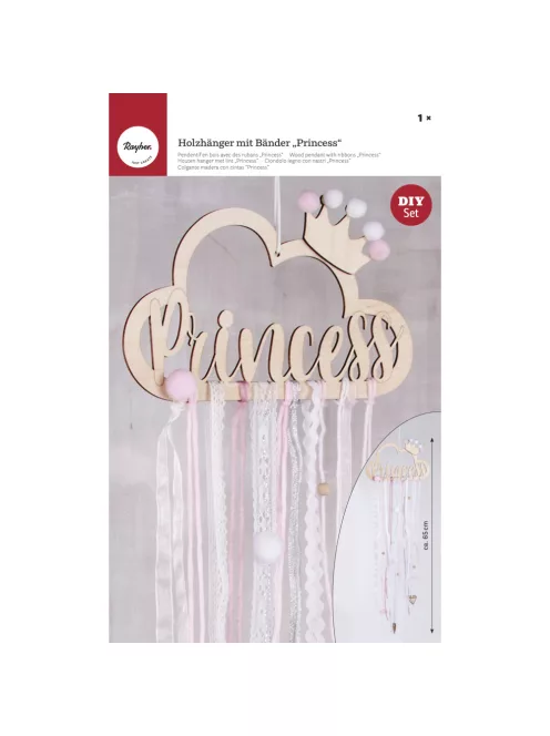 Barkácscsomag: Fafüggő szalagokkal "Princess", zartrózsaszín, fafüggő: 22x12,5cm