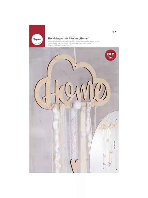 Barkácscsomag: Fafüggő szalagokkal "Home", creme, fafüggő: 22x12,5cm