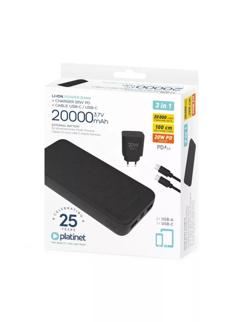 Powerbank szett 20000 mAh +20W PD töltő Platinet fekete