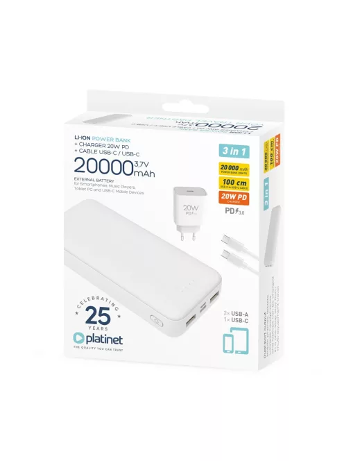 Powerbank szett 20000 mAh +20W PD töltő Platinet fehér