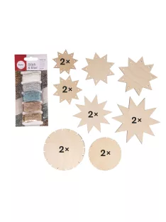   Fafüggő dísz fából, 6,5-12 cm átm, + metallic zsinór, 14 db