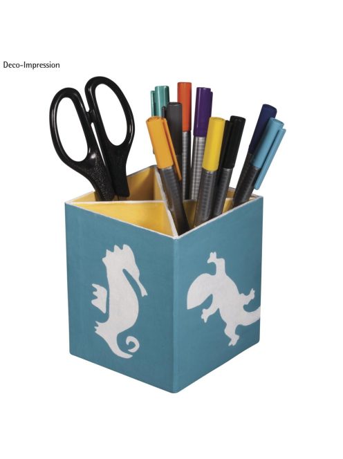 Papírmasé ceruzatartó, 8x8x10cm, osztásokkal