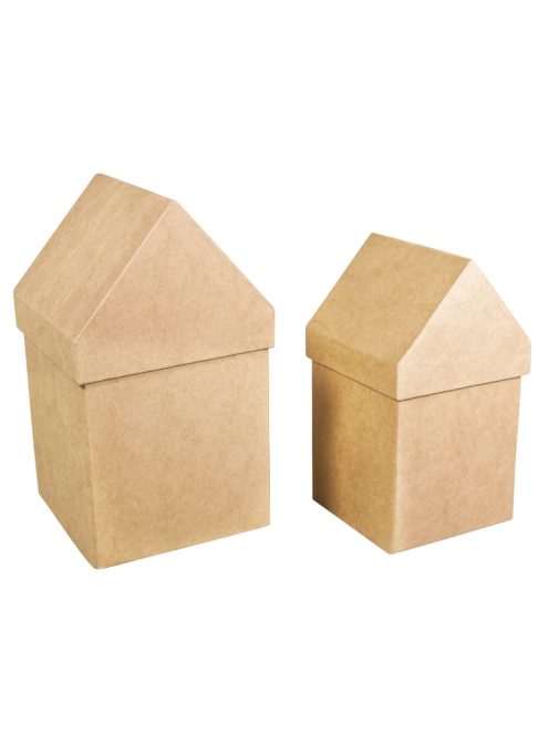 Papírmasé dobozok, házikók, 2 db: 13,3x13,3x23cm + 11,5x11,5x20cm