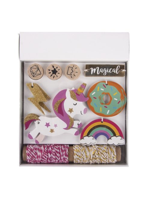 Ajándékkísérő-készlet, unikornis, tagek, zsinór, bélyegző