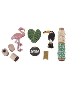   Ajándékkísérő-készlet, trópusi, tagek, zsinór, bélyegző