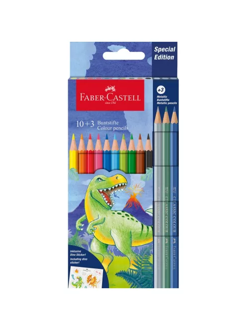 Színes ceruza készlet hatszögletű DINOSZAURUSZ + matrica Faber-Castell 10+3klf. szín