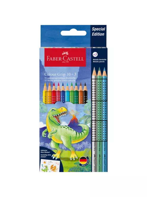 Színes ceruza készlet háromszögletű GRIP DINOSZAURUSZ + matrica Faber-Castell 10+3klf. szín
