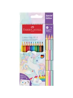   Színes ceruza készlet háromszögletű GRIP UNIKORNIS + matrica Faber-Castell 10+3klf. szín