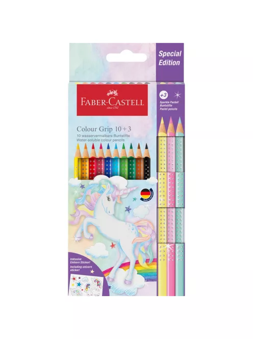 Színes ceruza készlet háromszögletű GRIP UNIKORNIS + matrica Faber-Castell 10+3klf. szín