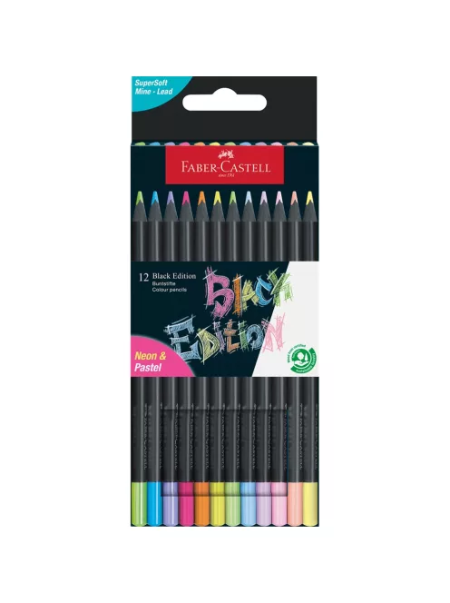 Színes ceruza készlet háromszögletű BLACK EDITION Faber-Castell neon+pasztell fekete test 12klf. szín