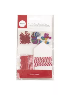   Készlet ajándékcsomagoláshoz, szalagokkal, flitterekkel, és ajándékkísérőkkel, piros