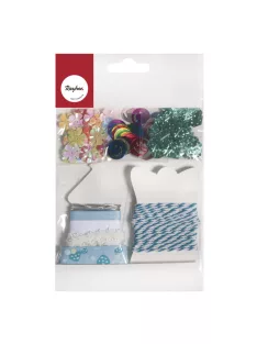   Készlet ajándékcsomagoláshoz, szalagokkal, flitterekkel, és ajándékkísérőkkel, kék