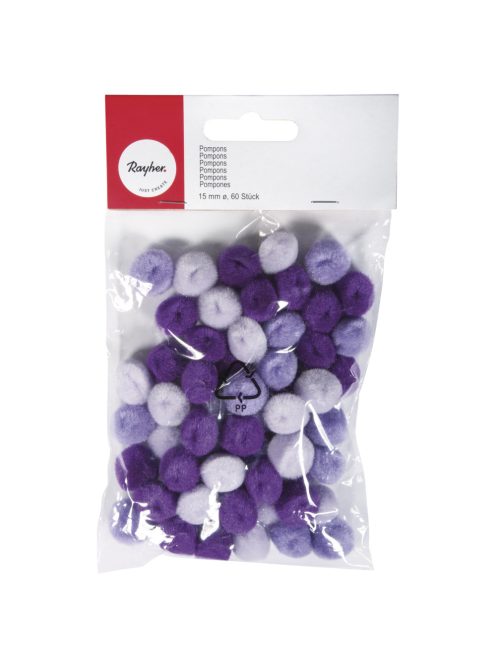 Pomponok, lila árnyalatok, 15 mm, 60 db