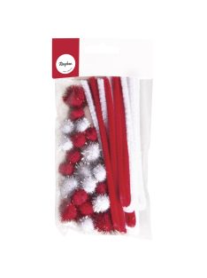  Metallic-pomponok és zseníliadrót, piros-fehér, vegyes, 24 db