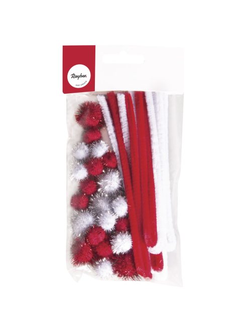 Metallic-pomponok és zseníliadrót, piros-fehér, vegyes, 24 db