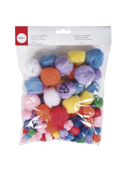 Pomponok felfűzhető, vegyes, 4 méret/szín, csom.100 db
