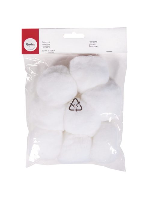 Pomponok, fehér, 60 mm, 8 db