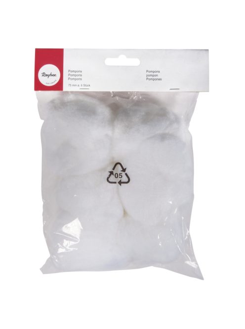 Pomponok, fehér, 75 mm, 6 db
