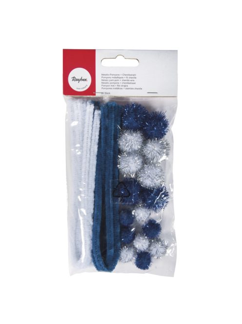 Metallic-pomponok és zseníliadrót, kék-fehér, vegyes, 24 db
